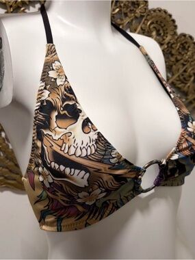 Ed Hardy Black and Brown Floral Skull Triangle Bikini Top